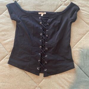 Express - Women’s Black Off-Shoulder Lace-Up Top - Large